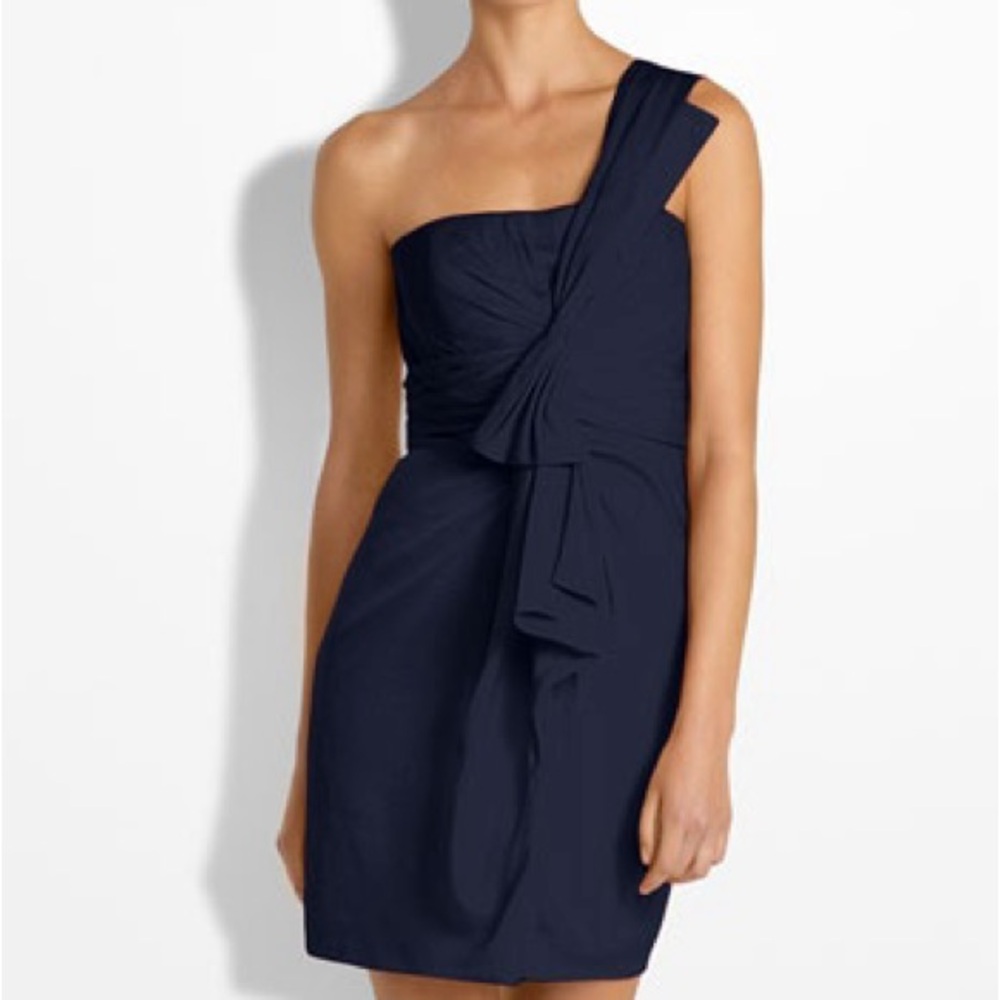 BCBG Max Azria Navy One Shoulder Satin Cocktail Dress Size 6 - Picture 2 of 3